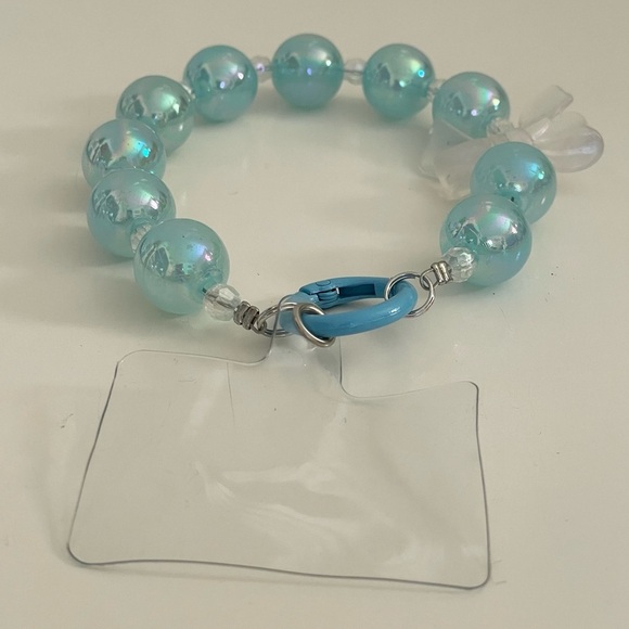 Large Blue Beaded with Clear Bow Charm Phone Accessory Wristlet with Phone Tab - Picture 10 of 15